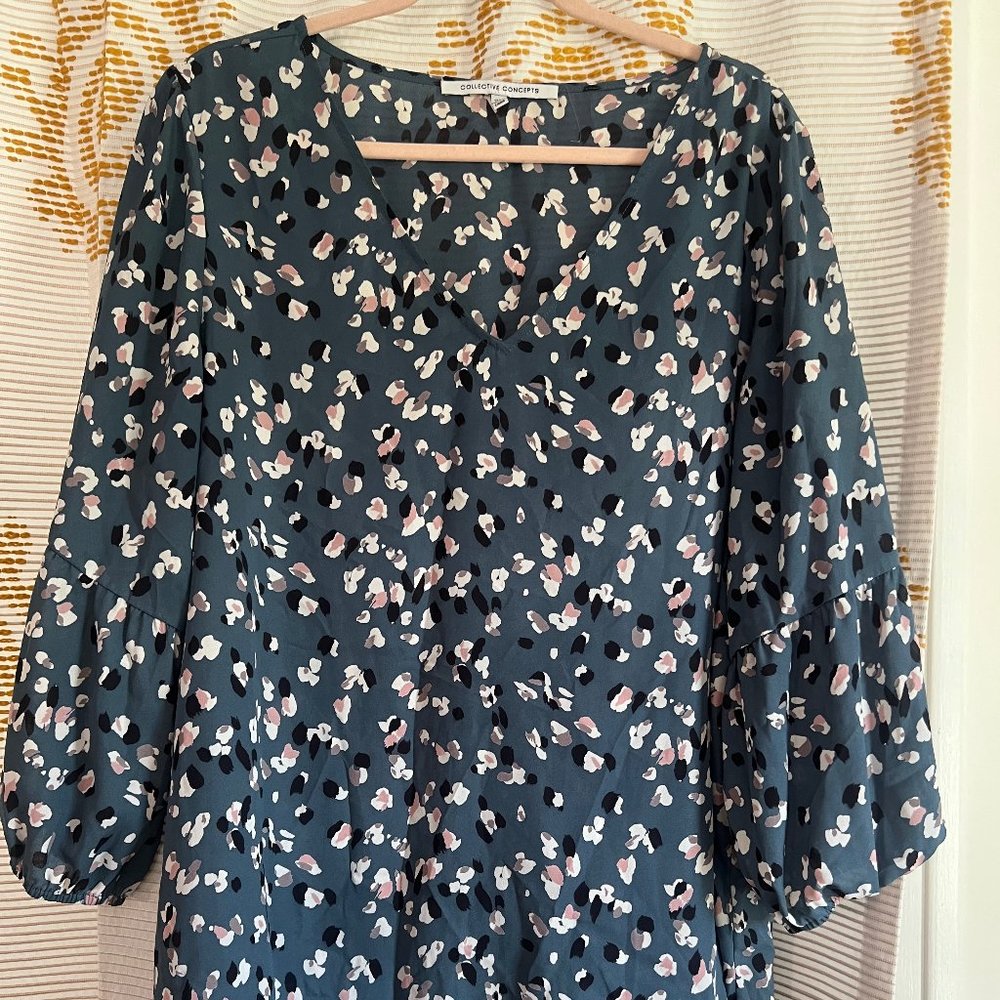 Collective Concepts light blue splatter print workwear blouse. Plus size 2X